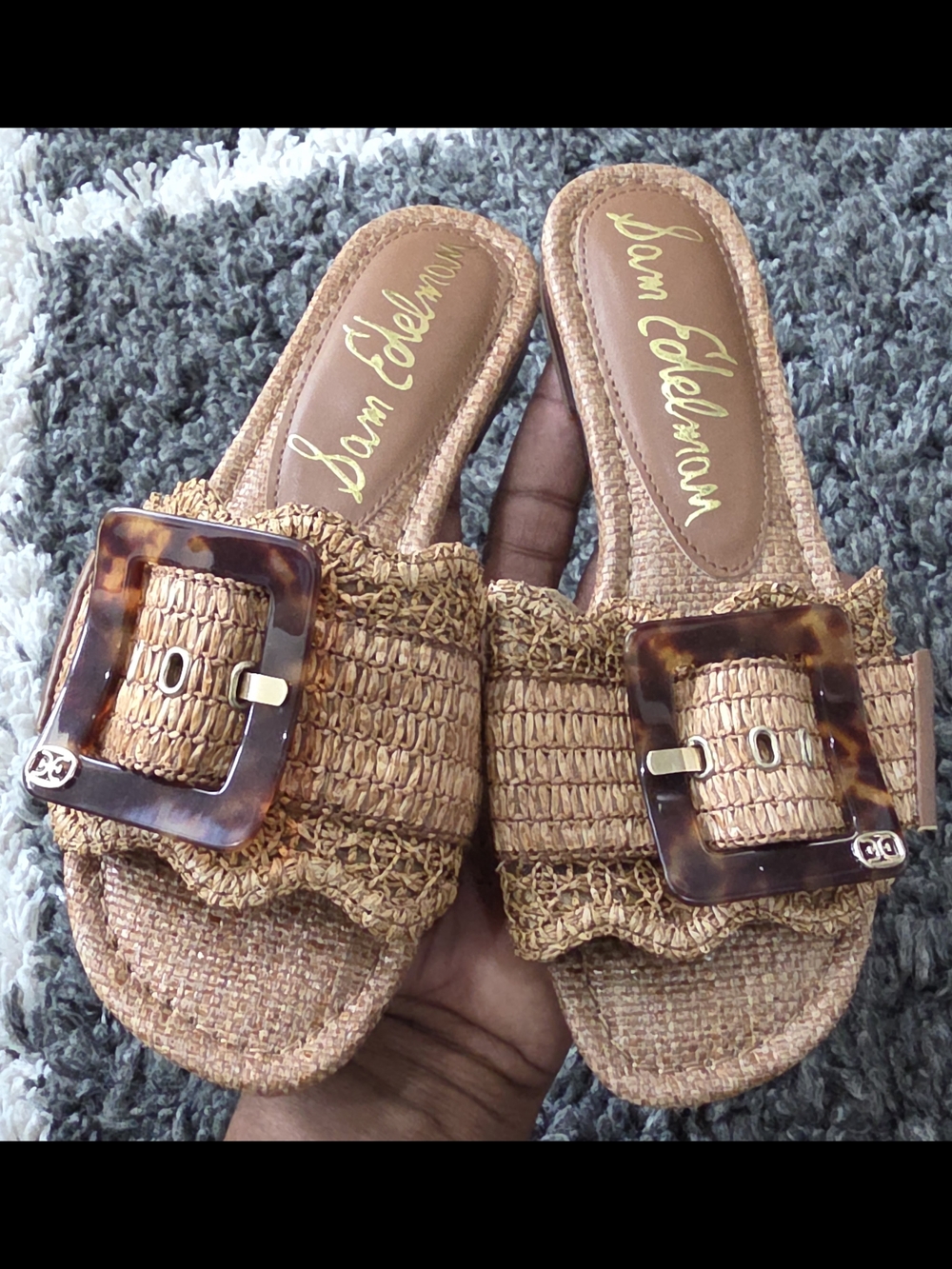 Sam Edelman Tan Raffia Slide Sandals with Tortoiseshell Buckle Size 5.5M